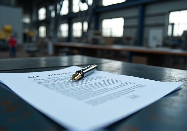 Close-up of a legal contract on a heavy industrial workbench with metal components